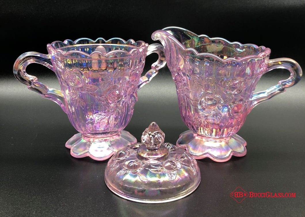 Fenton Cabbage Rose Pink Iridescent Sugar & Creamer