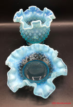 Load image into Gallery viewer, Fenton Blue Hobnail Ruffled Edge Vase and Dish
